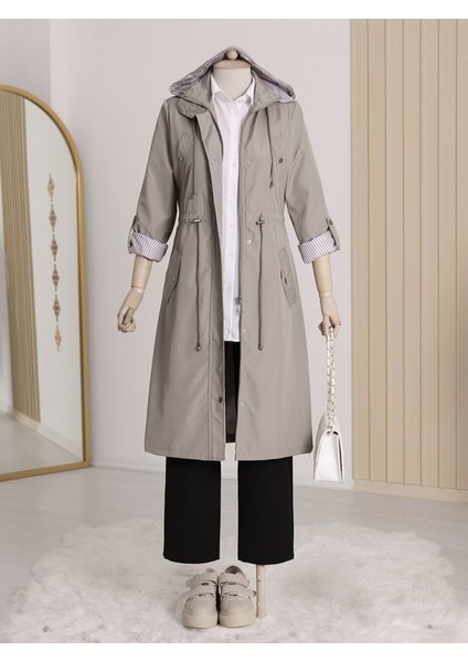 Alpaco Astarı Çizgili Trençkot -Gri -Collectıon