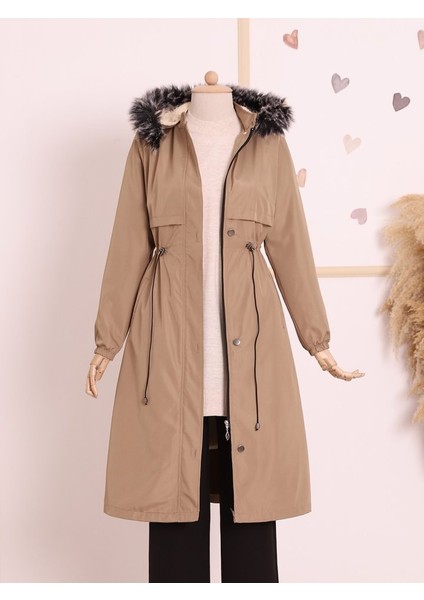 Alpaco Çıkma Kapşonlu Tünel Bağcıklı Bondit Kaban -Açık Vizon -Collectıon