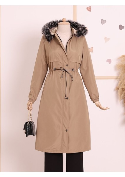 Alpaco Çıkma Kapşonlu Tünel Bağcıklı Bondit Kaban -Açık Vizon -Collectıon modelleri