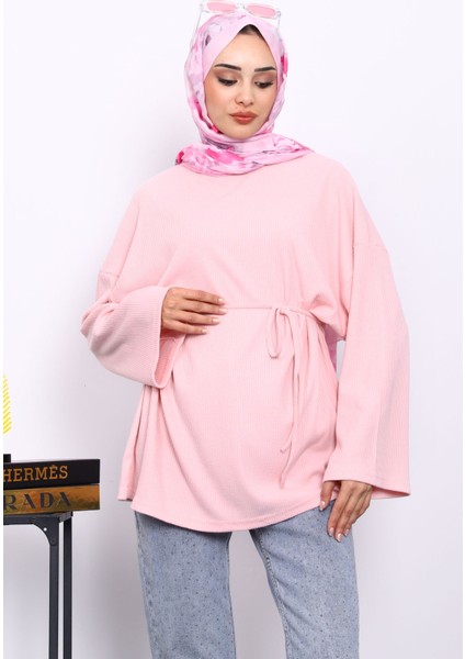 Pudra Bisiklet Yaka Bel Kuşaklı Tunik