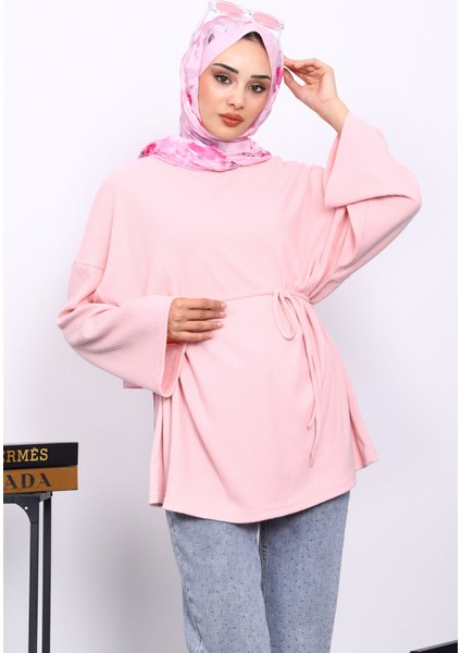 Pudra Bisiklet Yaka Bel Kuşaklı Tunik modelleri