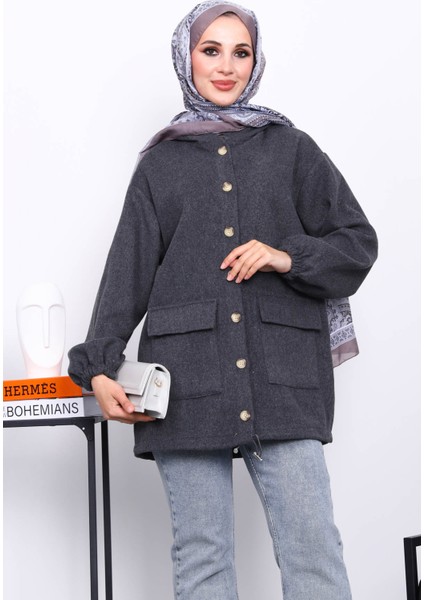 Füme Kapüşonlu Düğmeli İnce Kaşe Ceket