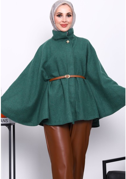 Zümrüt Yeşili Hakim Yaka Bel Kemerli Panço