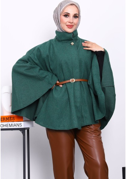 Zümrüt Yeşili Hakim Yaka Bel Kemerli Panço modelleri