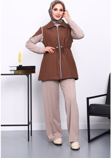 Vizon Kapitone Yelekli Tunik Pantolonlu Takım