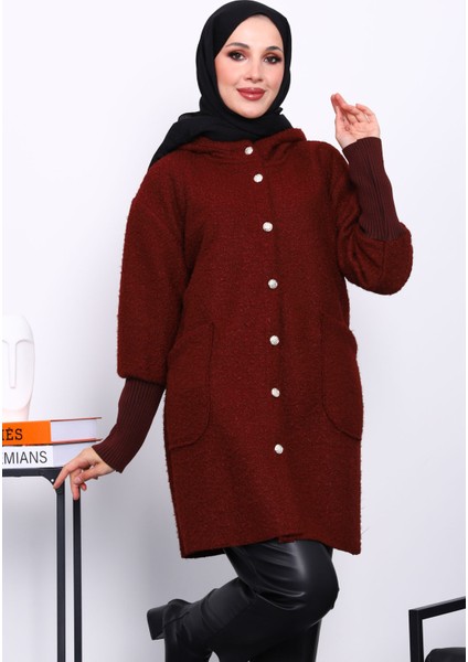 Bordo Kapşonlu Buklet Kaban