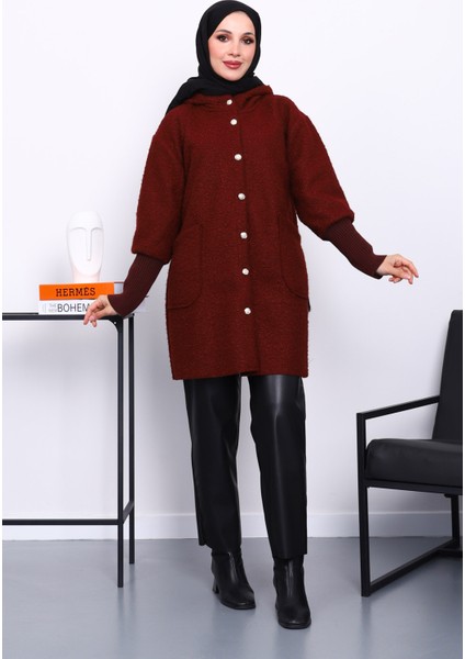 Bordo Kapşonlu Buklet Kaban fiyatları