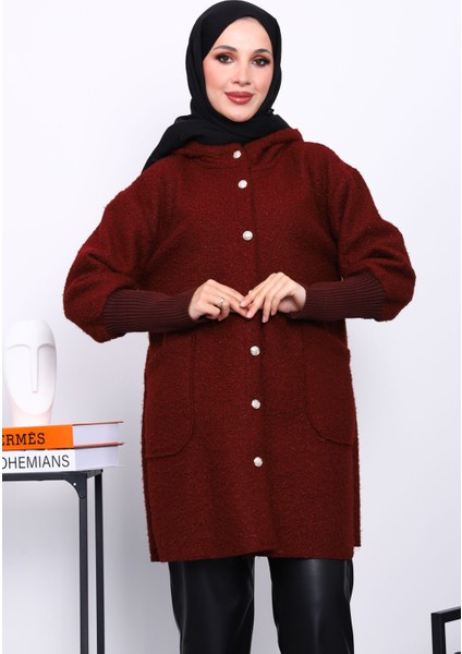 Bordo Kapşonlu Buklet Kaban modelleri