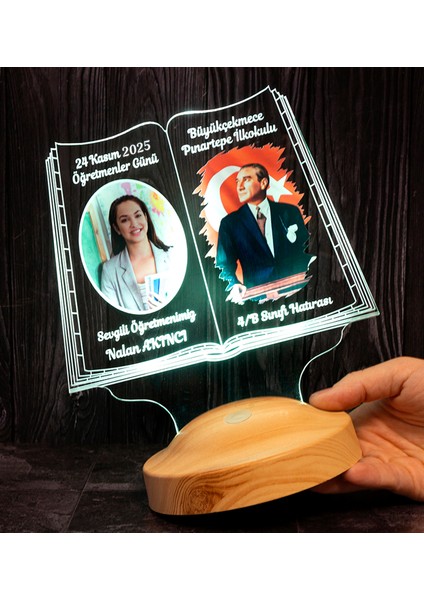Öğretmene Hediye Renkli Öğretmen Resmi Renklendirilmiş Atatürk Görselli 24 Kasım Hatırası LED Lamba
