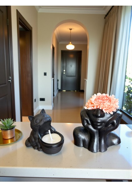 Yüz Saksı Vazo Iskandinav Tarz Biblo ( Çiçek Dahildir) ve Kedi Mumluk Seti (Mum Dahildir), Ev Dekoru