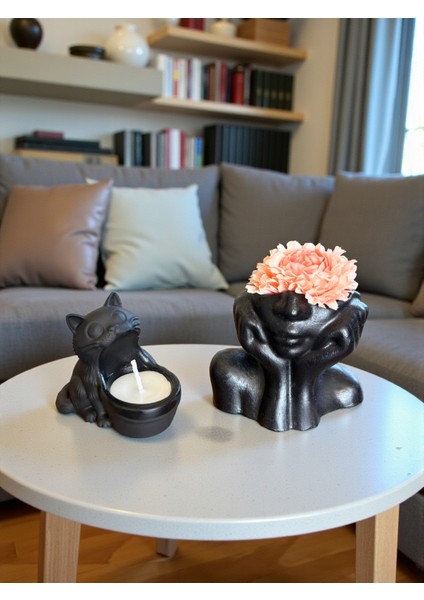 Yüz Saksı Vazo Iskandinav Tarz Biblo ( Çiçek Dahildir) ve Kedi Mumluk Seti (Mum Dahildir), Ev Dekoru fırsatları