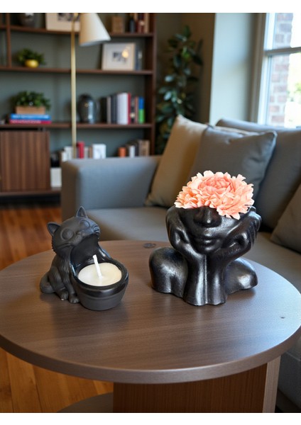 Yüz Saksı Vazo Iskandinav Tarz Biblo ( Çiçek Dahildir) ve Kedi Mumluk Seti (Mum Dahildir), Ev Dekoru indirimleri