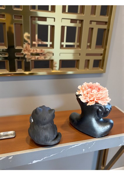 Yüz Saksı Vazo Iskandinav Tarz Biblo ( Çiçek Dahildir) ve Kedi Mumluk Seti (Mum Dahildir), Ev Dekoru