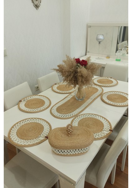 6’lı Supla 1 Runner 1 Kapaklı Örgü Ekmek Sepeti Seti Bej Krem Desenli Sunumluk