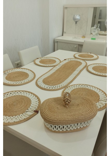 6’lı Supla 1 Runner 1 Kapaklı Örgü Ekmek Sepeti Seti Bej Krem Desenli Sunumluk fiyatları