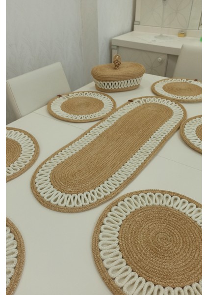 6’lı Supla 1 Runner 1 Kapaklı Örgü Ekmek Sepeti Seti Bej Krem Desenli Sunumluk modelleri