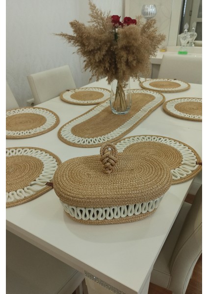 6’lı Supla 1 Runner 1 Kapaklı Örgü Ekmek Sepeti Seti Bej Krem Desenli Sunumluk indirimleri