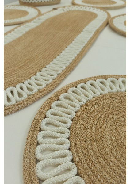 6’lı Supla 1 Runner 1 Kapaklı Örgü Ekmek Sepeti Seti Bej Krem Desenli Sunumluk