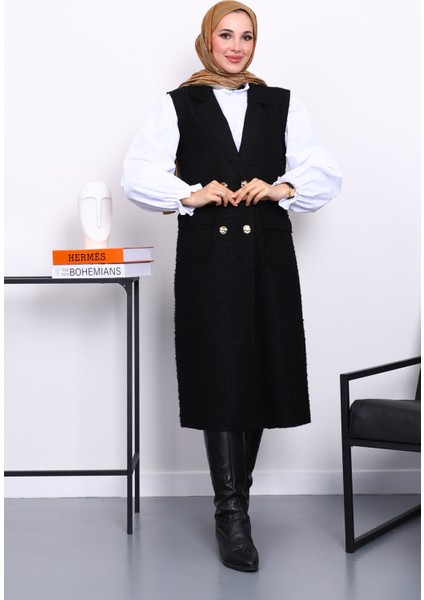 Siyah Düğmeli Uzun Buklet Yelek