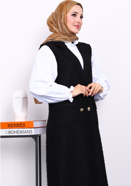 Siyah Düğmeli Uzun Buklet Yelek modelleri