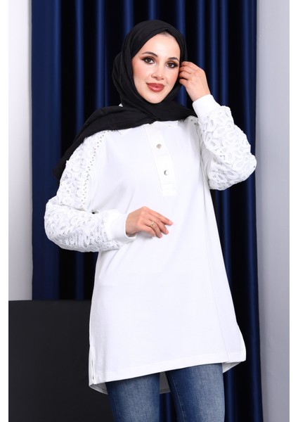 Ekru Taş Işlemeli Düğmeli Tunik