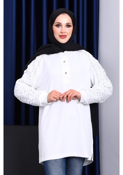 Ekru Taş Işlemeli Düğmeli Tunik fiyatları