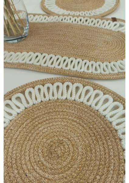 6’lı Supla 1 Runner 1 Kapaklı Örgü Ekmek Sepeti Seti Bej Krem Desenli Sunumluk