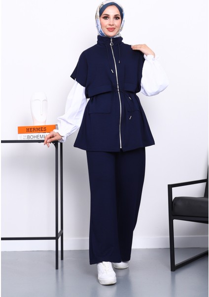 Lacivert Fermuarlı Yelek Pantolonlu Modal Takım