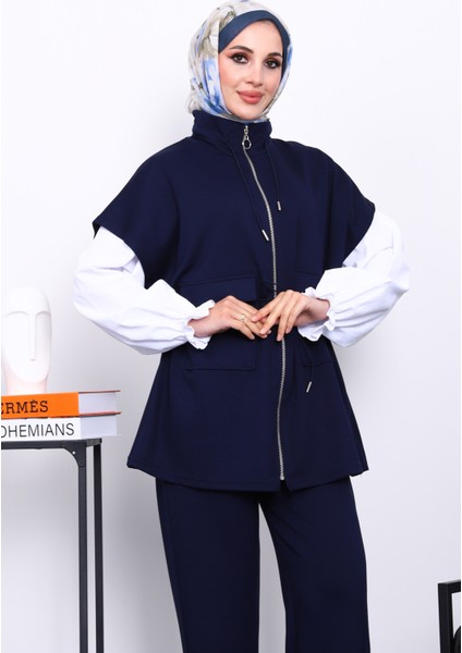 Lacivert Fermuarlı Yelek Pantolonlu Modal Takım modelleri