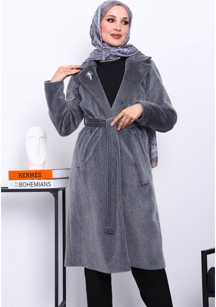 Füme Kruvaze Yaka Cepli Angora Kaşe Kaban