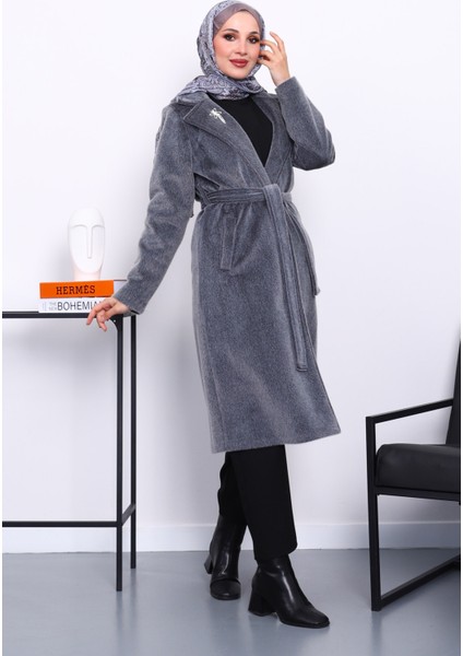 Füme Kruvaze Yaka Cepli Angora Kaşe Kaban modelleri