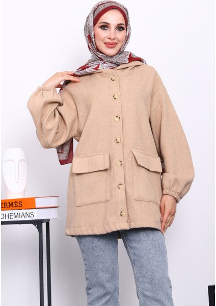 Vizon Kapüşonlu Düğmeli İnce Kaşe Ceket