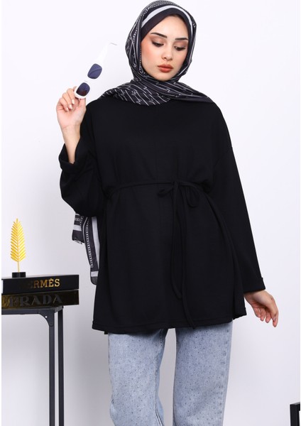 Siyah Yanları Yırtmaçlı Bel İpli Tunik