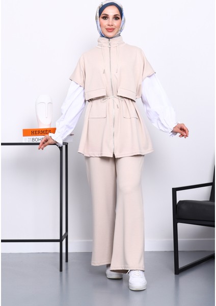 Taş Fermuarlı Yelek Pantolonlu Modal Takım