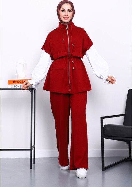 Bordo Fermuarlı Yelek Pantolonlu Modal Takım