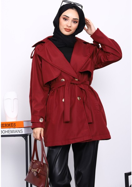 Bordo Kruvaze Yaka Astarlı Trençkot modelleri