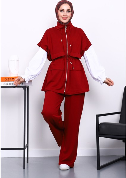 Bordo Fermuarlı Yelek Pantolonlu Modal Takım fiyatları