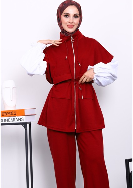 Bordo Fermuarlı Yelek Pantolonlu Modal Takım modelleri