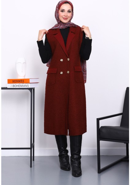 Bordo Düğmeli Uzun Buklet Yelek