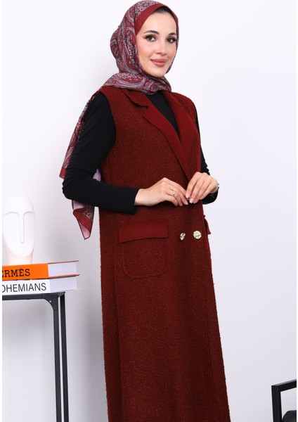Bordo Düğmeli Uzun Buklet Yelek modelleri