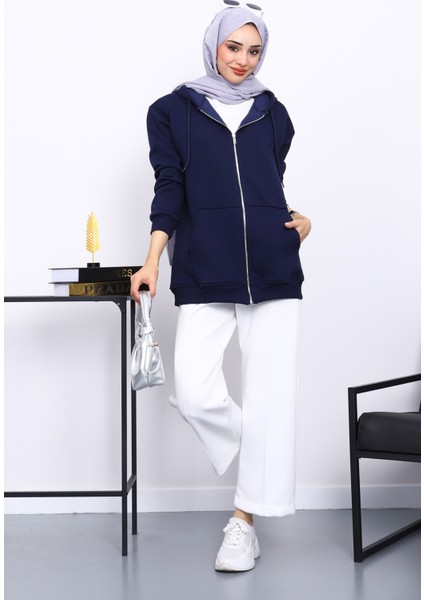 Lacivert Cepli Fermuarlı Üç Iplik Şardonlu Hırka fiyatları