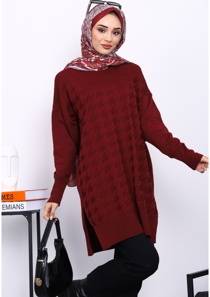 Bordo Kazayağı Desenli Soğuk İplik Triko Tunik