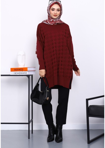 Bordo Kazayağı Desenli Soğuk İplik Triko Tunik fiyatları