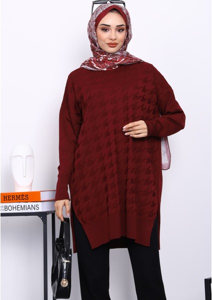 Bordo Kazayağı Desenli Soğuk İplik Triko Tunik modelleri