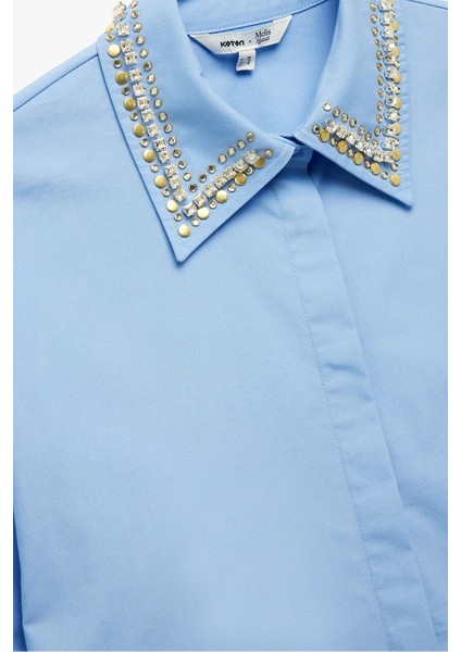 Kadın Koton x Melis Ağazat - Uzun Kollu Yakası Taş Detaylı Oversize Poplin Gömlek 6WAK60062EW fiyatları