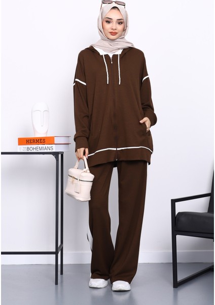 Kahverengi Kapşonlu Garnili Modal Takım