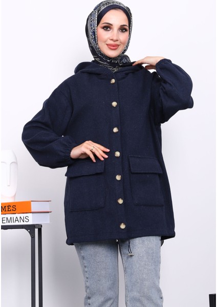 Lacivert Kapüşonlu Düğmeli İnce Kaşe Ceket