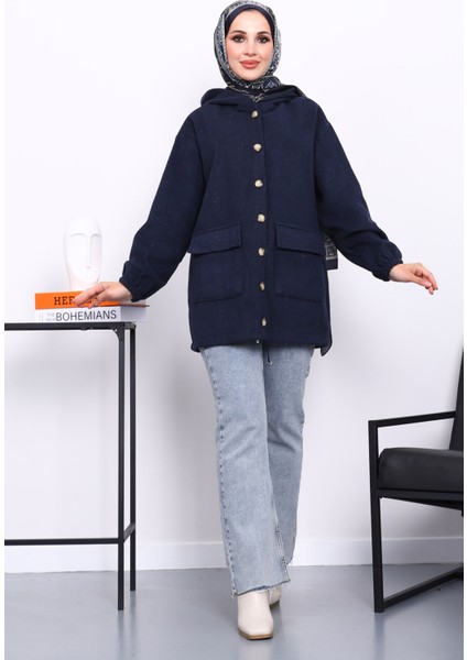 Lacivert Kapüşonlu Düğmeli İnce Kaşe Ceket fiyatları