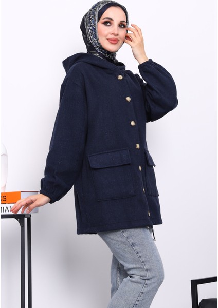 Lacivert Kapüşonlu Düğmeli İnce Kaşe Ceket modelleri