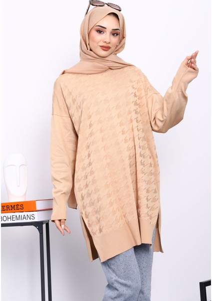 Bisküvi Kazayağı Desenli Soğuk İplik Triko Tunik modelleri